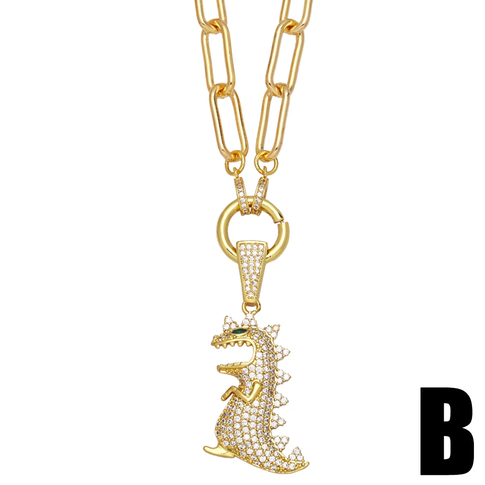 FLOLA Cuban Link Chain Eye Heart Pendant Necklace Copper Zircon White Stone Crystal Dinosaur Necklace Wholesale Jewelry nkeb048 image 6