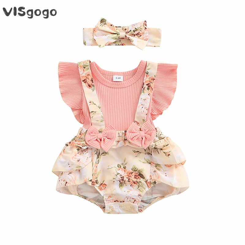 VISgogo Baby Girls Rompers Summer Clothes Set Pink Floral Printed Ribbed Fly Sleeves Romper and Bow Knot Headband 0-18 Months