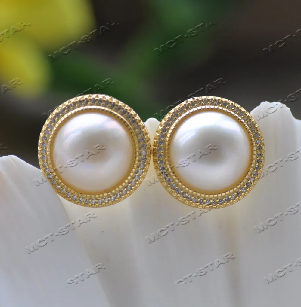 Z12436 Huge Real 19mm White Blue South Sea Mabe pearl  Earring CZ Earrings 