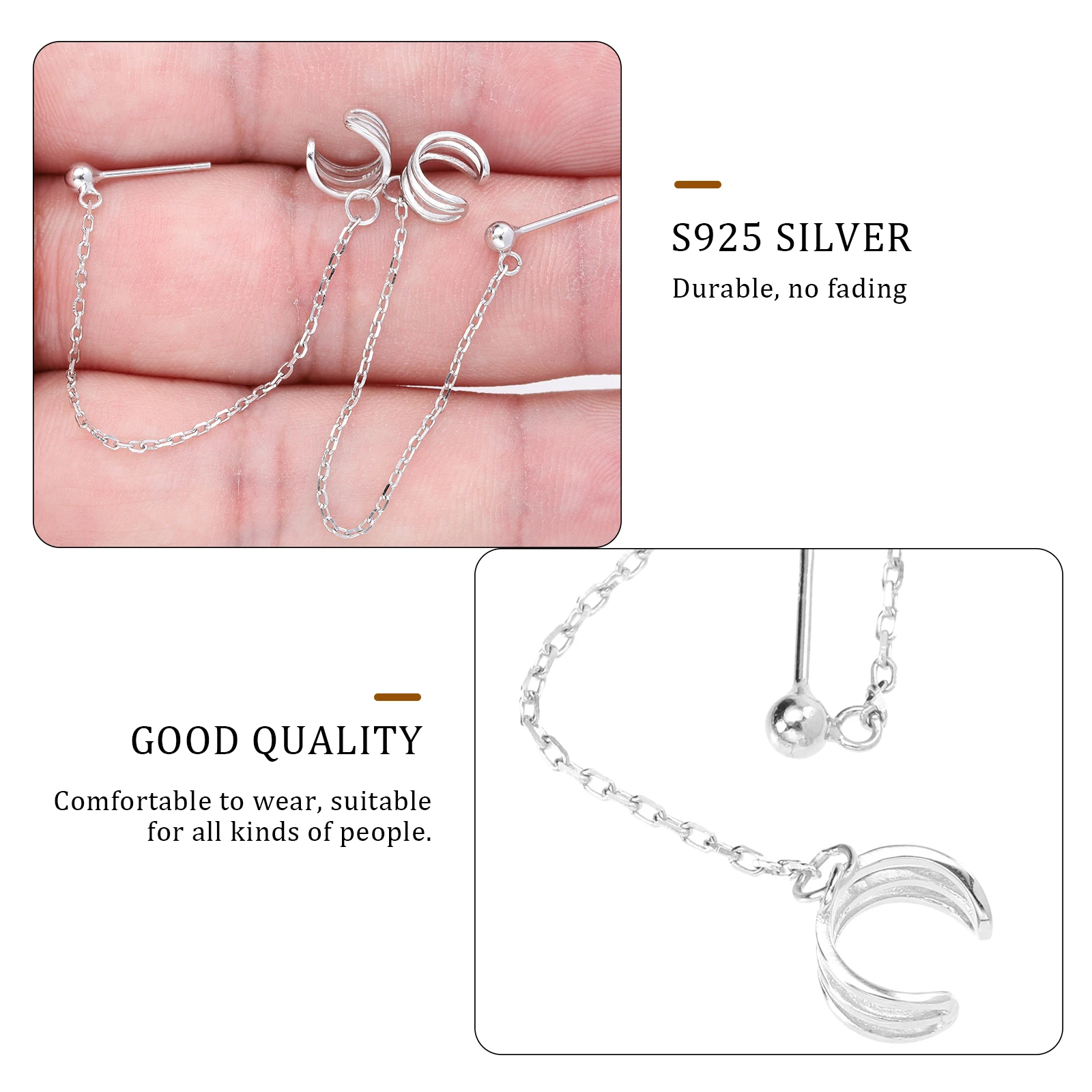 

Steel Silver Earrings Chains Chunky Wedding No Piercing for Women Sterling Bride