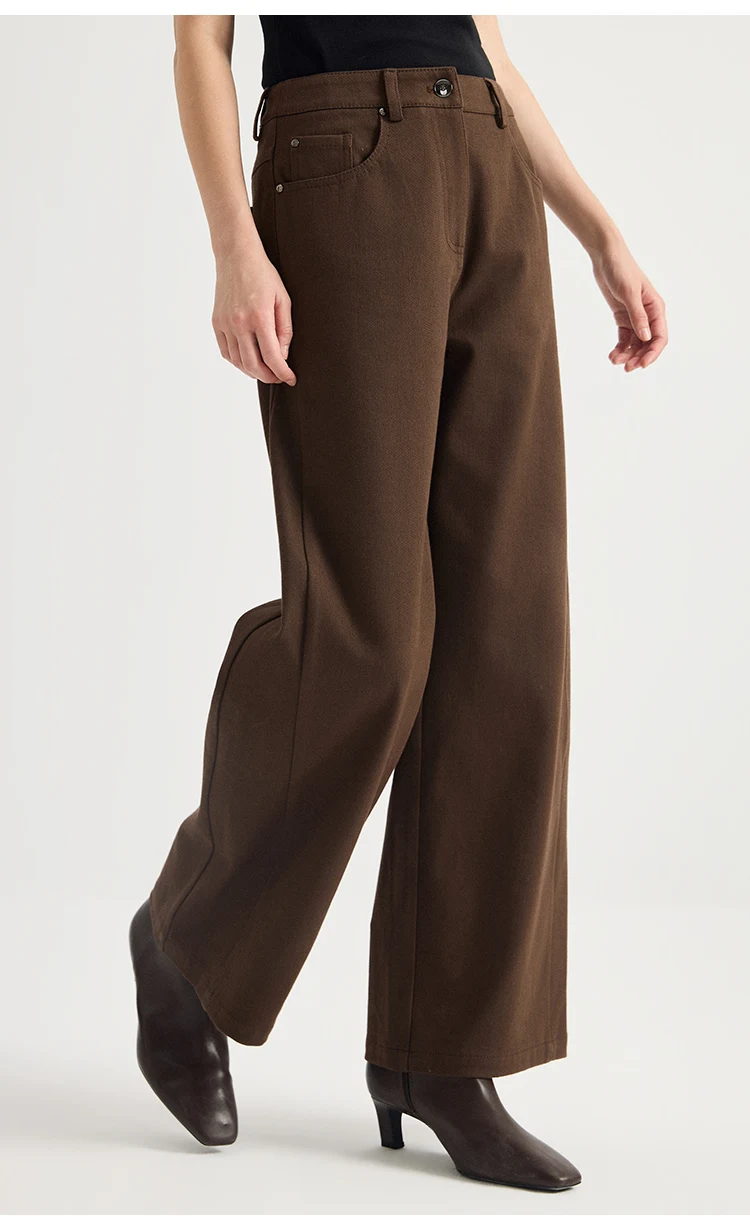 KL7624028 Damen Baumwollmischung High-Waist Weite Hose mit 5 Taschen, Ledergürtel und geradem Schnitt – Dezenter Luxus für den Frühherbst – Detail 5