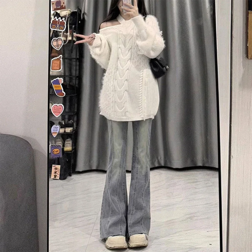 Botvotee Retro Light Blue Micro Flare กางเกงยีนส์ผู้หญิง Vintage Streetwear ขากว้าง Slim Fit Lady Elastic Hight เอว Denim กางเกง
