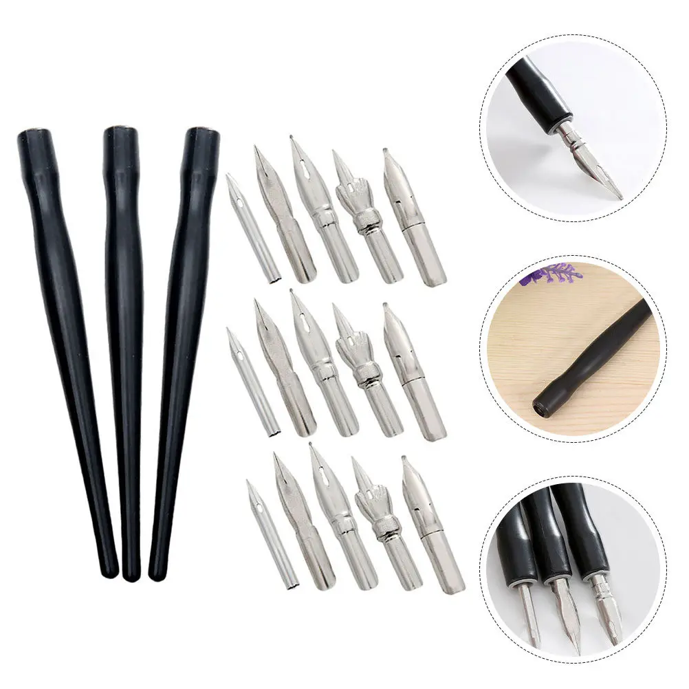 

3Sets Dip Pen Nibs Holders Stainless Steel Drawing Pen Holder Bent Tip for Smooth Writing Masking Fluid Pens Art Ruling Pens