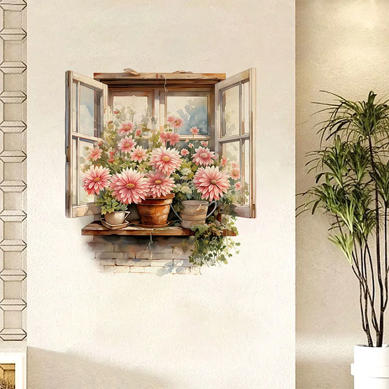 Fake Window Flowers Wall Sticker Living Room Wall Corridor Entrance Background Home Decoration Wall Art Self-adhesive Waterproof