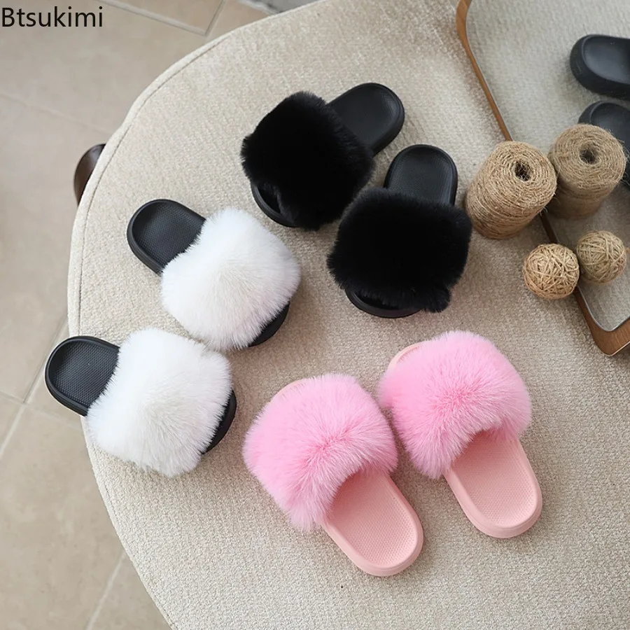Children Slides Faux Fox Fur Slippers Kids Fluffy Raccoon Sandals Fashion Furry Home Flat Flip Flops Baby Girls Cute Plush Shoes