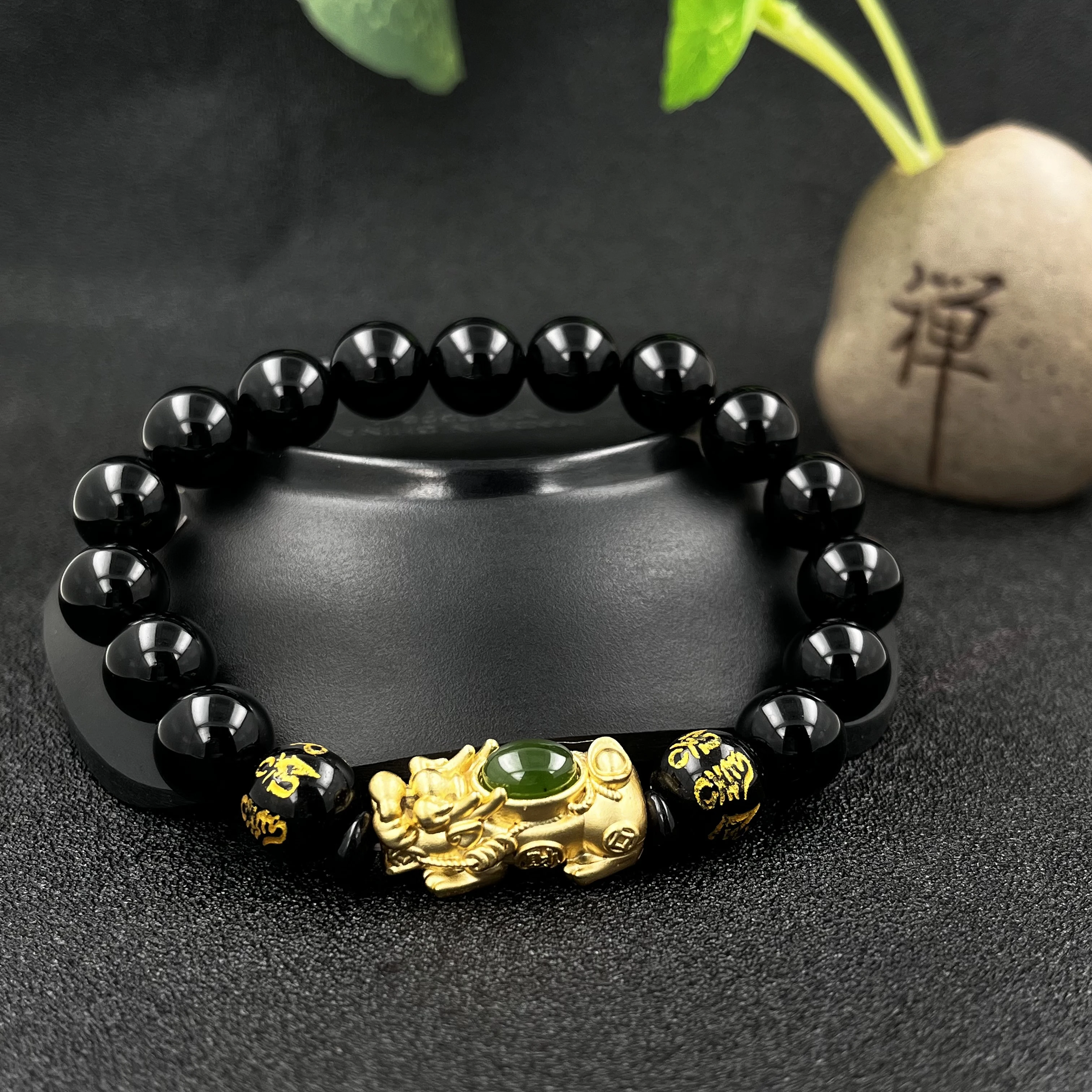 10mm Natural Round Stone Strand Bracelet Feng Shui Pixiu Guard Obsidian Beaded Bangles For Man Women Wealth Good Luck Jewelry
