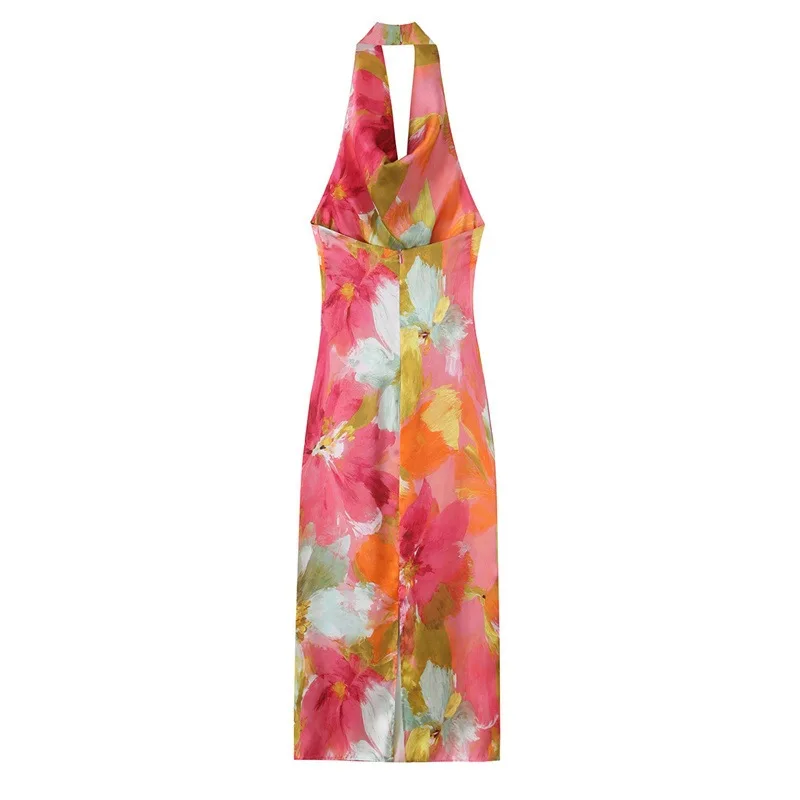 Dave&Di New European And American Style Fashionable Printed Texture Hanging Neck Midi Dress