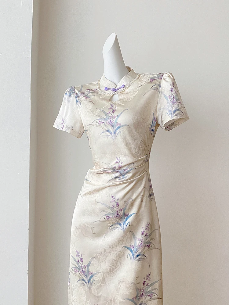 

New Chinese Sle Reformed Women's Design Summer ort Sve Slimming Waist Cinched Dr Daily Wear