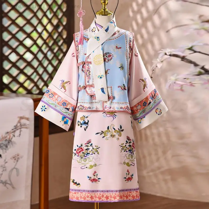 

Детская одежда династии Цин для девочек Gege, традиционный китайский древний ханьфу, розовый жилет Ципао с принтом, костюм Тан, костюмы для косплея