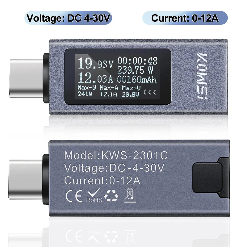 

KWS-2301C Type-C Voltage Tester DC4-30V 0-12A Current Voltmeter Mobile Phone Battery Capacity Test Power Bank Charger Indicator