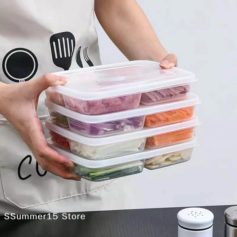 【R】4Grids Food Fruit Storage Box Portable Compartment Refrigerator Freezer Organizers Sub-Packed Meat Onion Ginger Clear Crisper