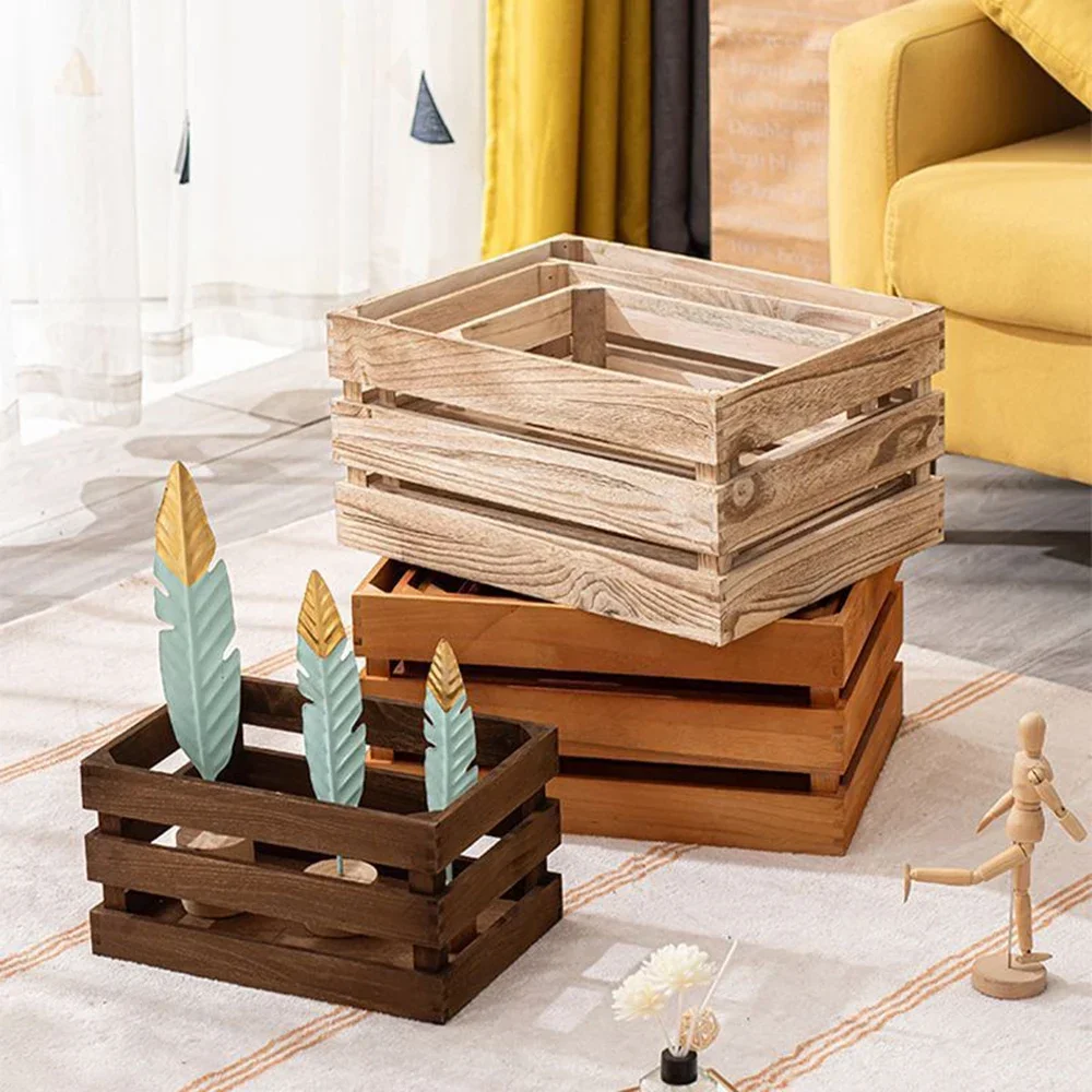 Pastoral Style Household Solid Wood Sundries Storage Box Retro Wooden Storage Box Display Thickened Wooden Strips Splicing