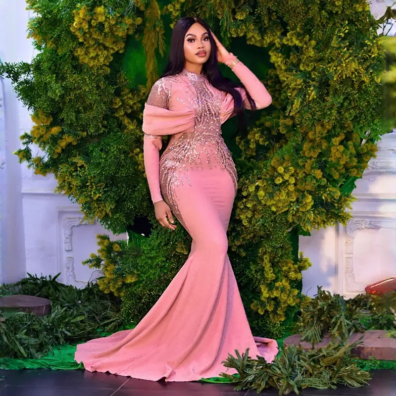

Pink Gorgeous Evening Dresses Mermaid Elegant Illusion Long Sleeves Promdress High Neck Lace African Birthday Party Prom Gowns