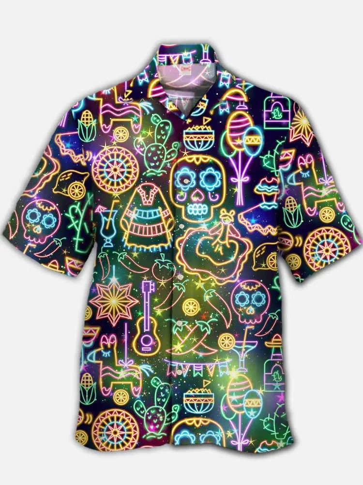 2026 Fun Colored Skull Figurine Print Men's Niche Personality Thin Style Loose Collar Travel Party Versatile Top