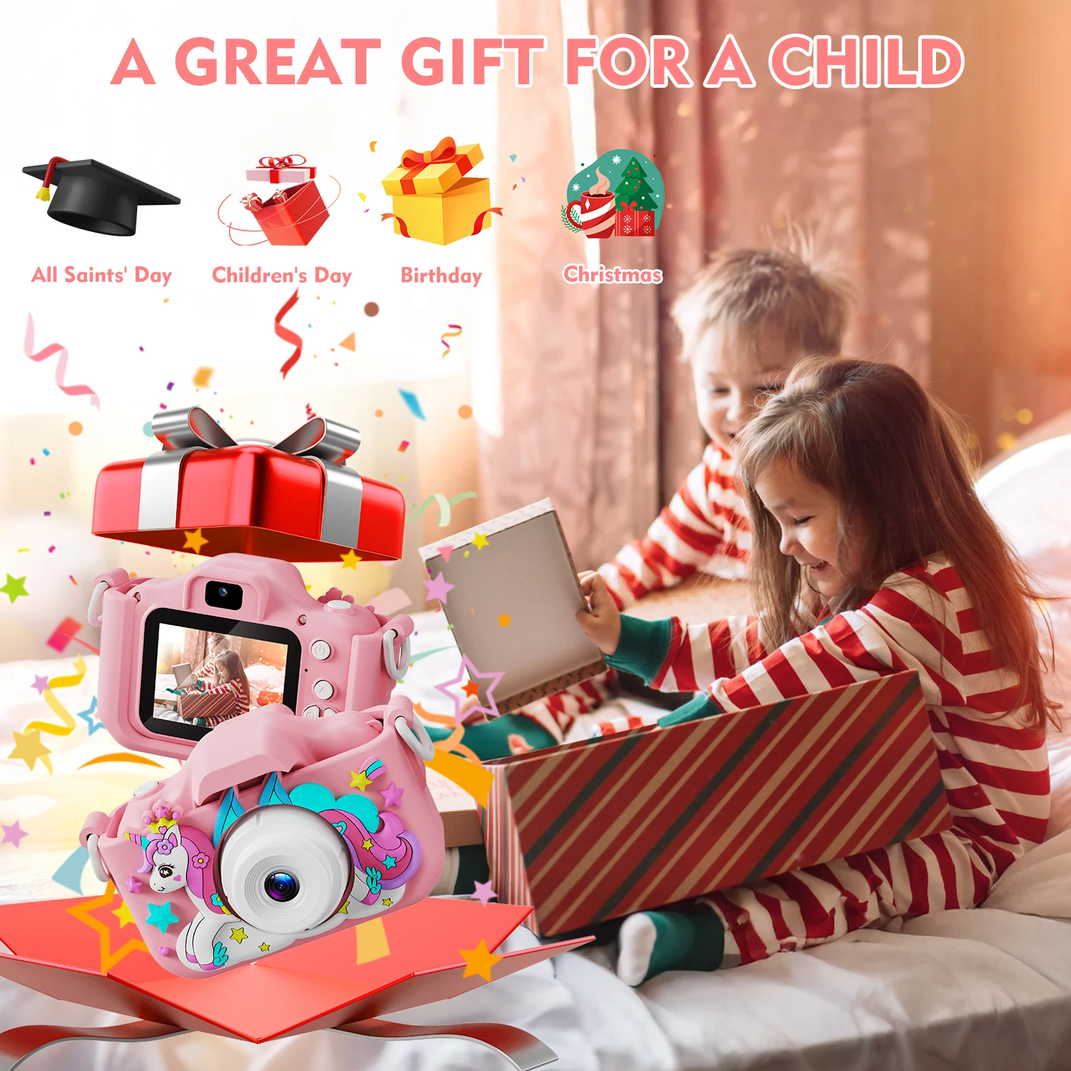 Kindercamera Meisjes Selfie Camera 1080HD Videofotografie Digitale camera voor kinderen met siliconen hoesje Speelgoedcamera Verjaardagscadeaus