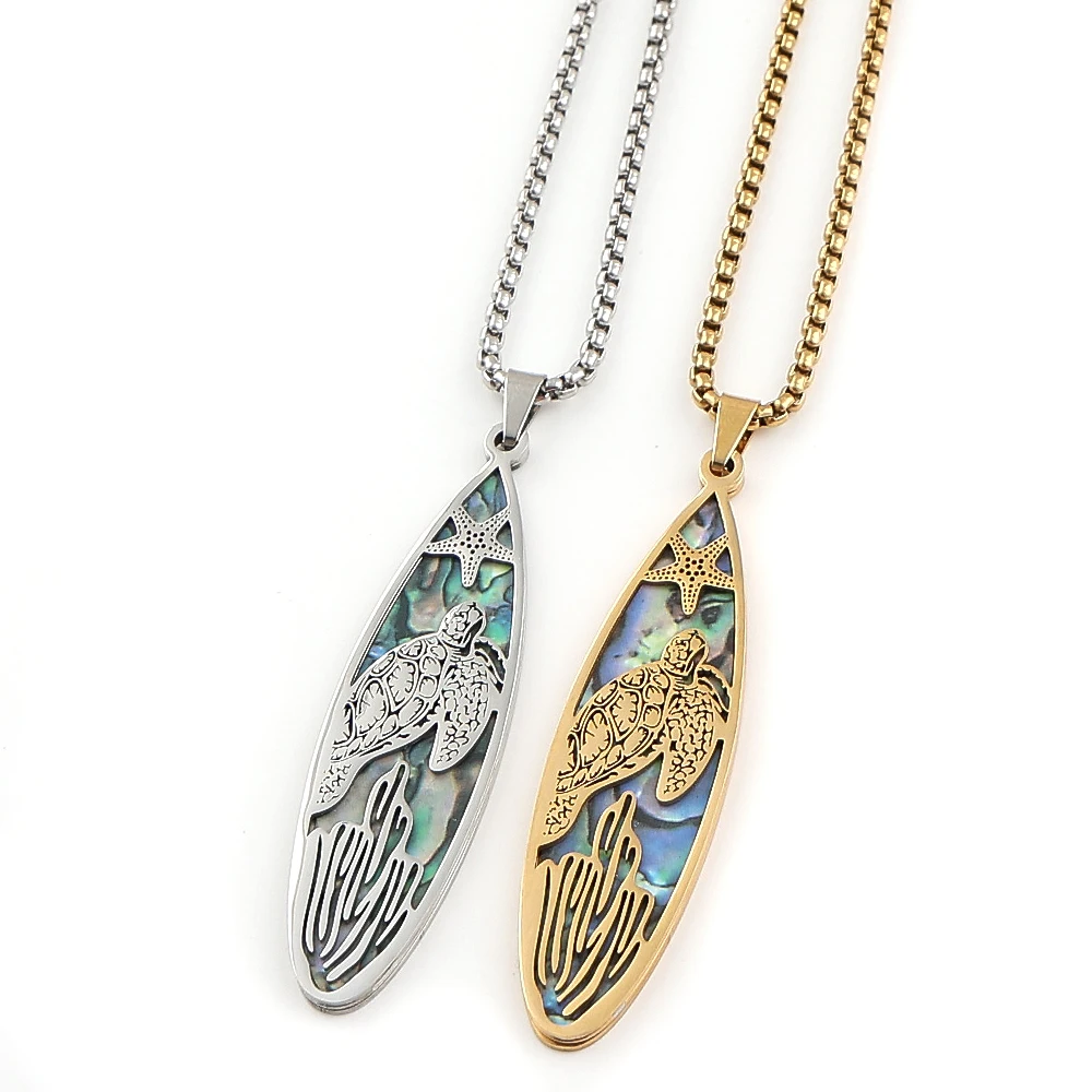 Ocean Surfboard Turtle Starfish Coral Pendant Necklace for Women Men Stainless Steel Gold Color Animals Summer Chain Jewelry