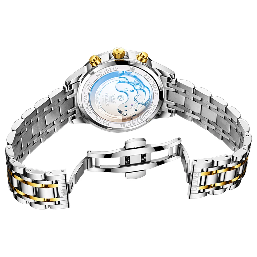 OLEVS الأصلي أزياء الرجال التلقائية الميكانيكية ووتش القمر المرحلة تاريخ الفولاذ المقاوم للصدأ للماء العلامة التجارية الأعلى توربيون الساعات #5