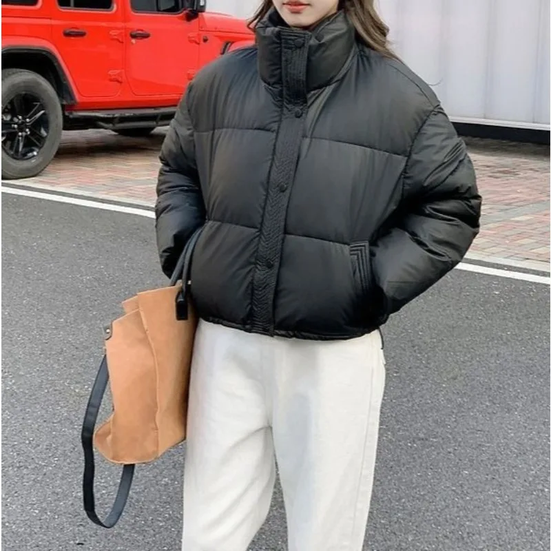 

Женское короткое пальто-стойка из искусственной кожи в сезон из хлопка 2025 года, свободный крой, новый стиль, толстое пальто маленького размера, похожее на хлеб