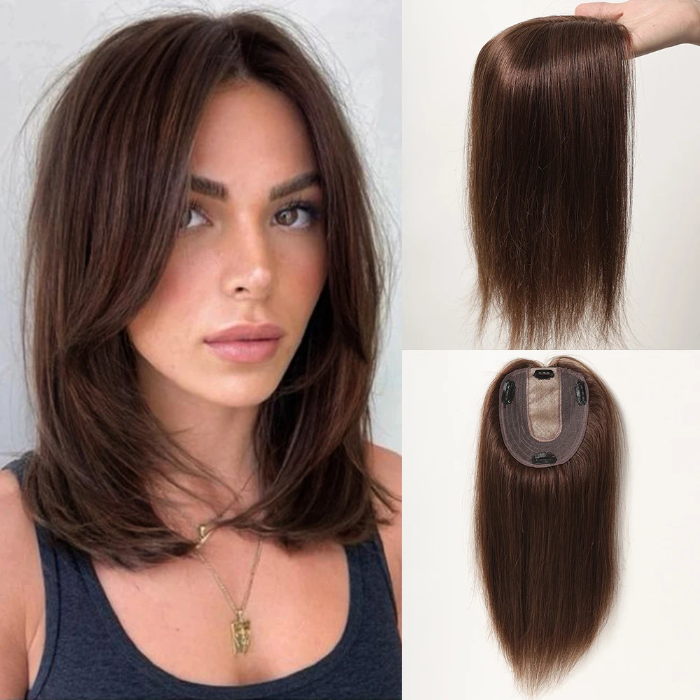 Chestnut Brown Remy Human Hair Toppers for Women with Thinning Hair in Topper Hairs Silk Base Straight Middle Part Hair Toppers