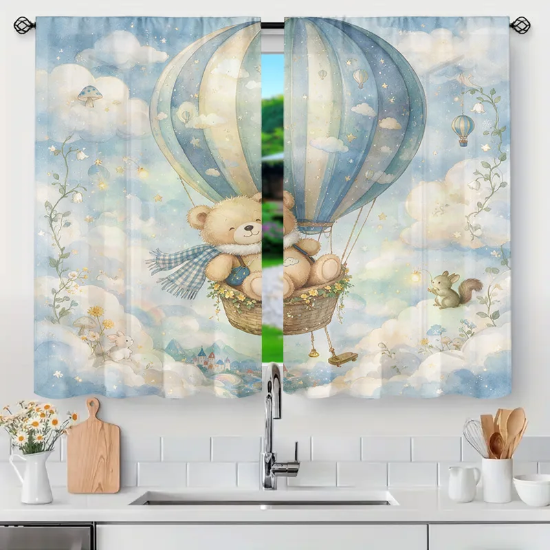 Cute Teddy Bear Hot Air Balloon Nursery Window Curtains Pastel Cloud Sky Decorative Light Filtering Curtain Shade for Kids Room