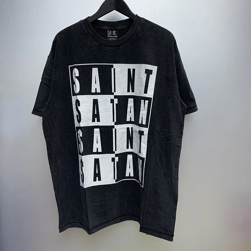 

Футболка в стиле High Street SAINT, летняя винтажная черная футболка с надписью для мужчин и женщин, топ оверсайз в стиле Chaopai