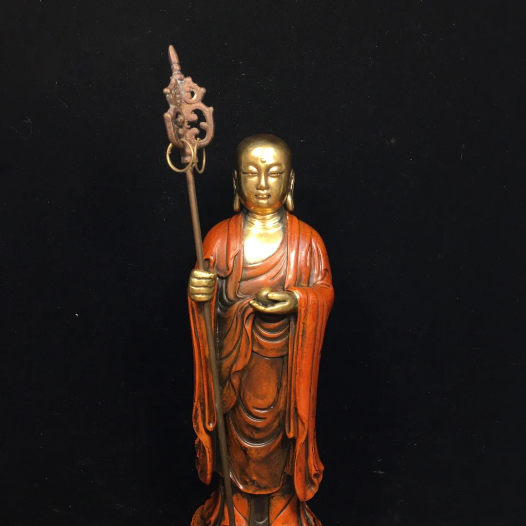 Pure copper gilded true gold Ksitigarbha Bodhisattva Buddha statue Length 9.5cm, width 9.5cm, height 24cm, weight 1580g