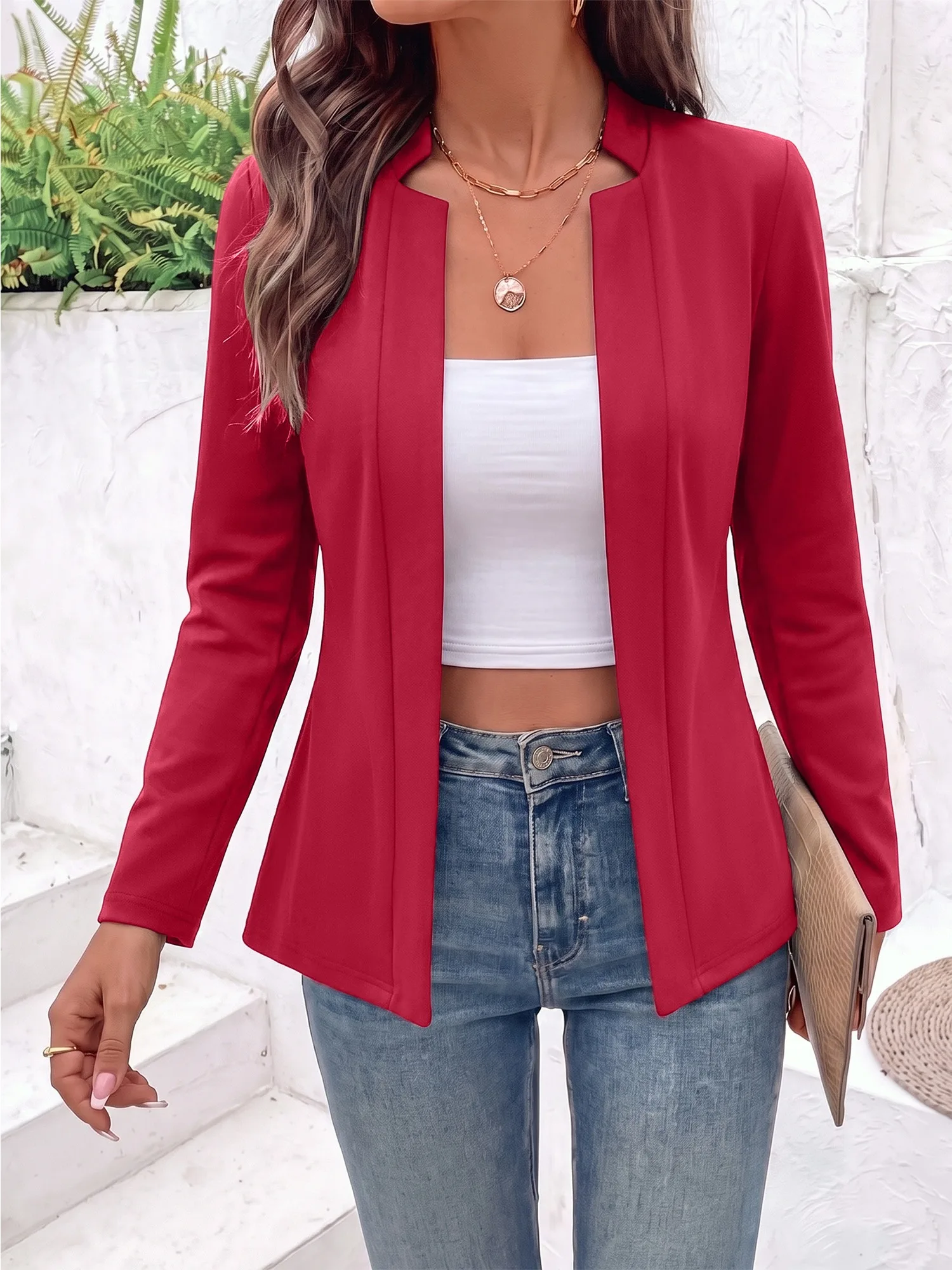 Spring Autumn Women Mandarin Collar Open Blazer Solid Long Sleeve Slim Fit Casual Work Suit Coat