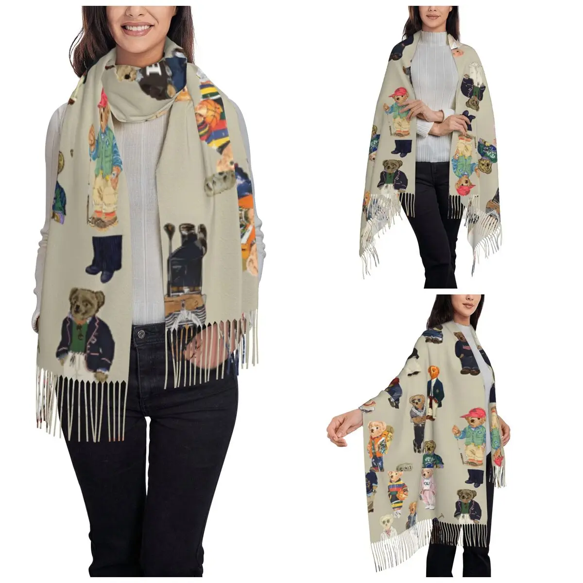 Kawaii Bears Vintage Luxury Scarf for Womens Fall Winter Cashmere Shawls and Wrap Poloo Large Scarves with Tassel for Ladies
