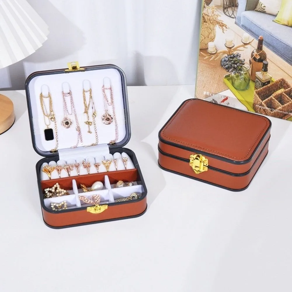 PU Leather Lockable Jewelry Box Double Layer Portable Travel Jewelry Organizer Lockable Vintage Double Layer Jewelry Box Girls