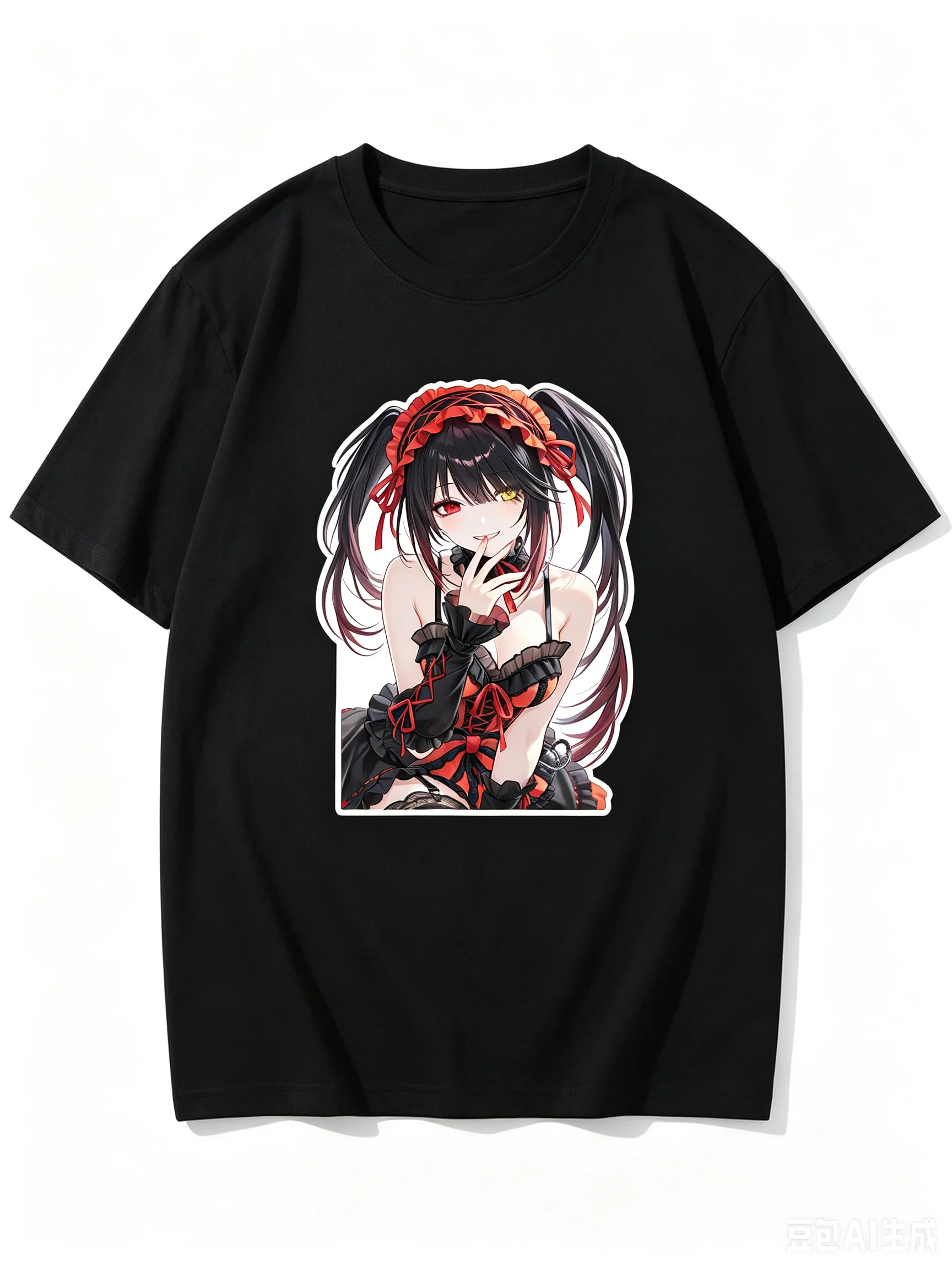 2026 New Unisex Crew Neck Casual Short Sleeve T-Shirt With Finger On Mouth Kurumi Tokisaki Cutout Anime Print T-Shirt