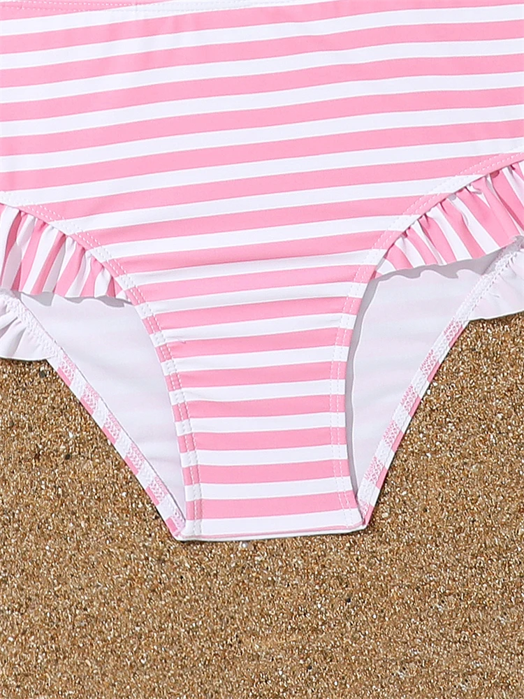 Kids Swimsuit Girls 2024 New Print Striped Long Sleeve Children Swimwear Summer Two Piece High Waist Ruffle Beach Bathing Suits