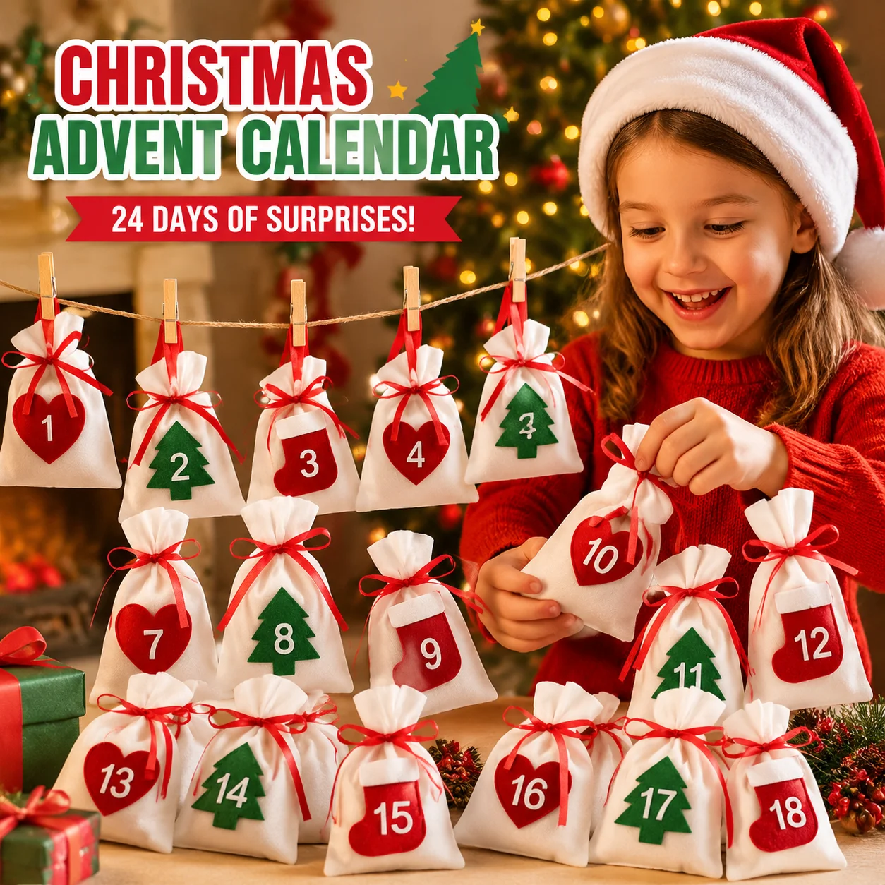 Christmas Advent Calendar Gift Bags 1-24 Number Drawstring Pouch Xmas Countdown Hanging Bag for Candy Treat Gift Home Wall Decor
