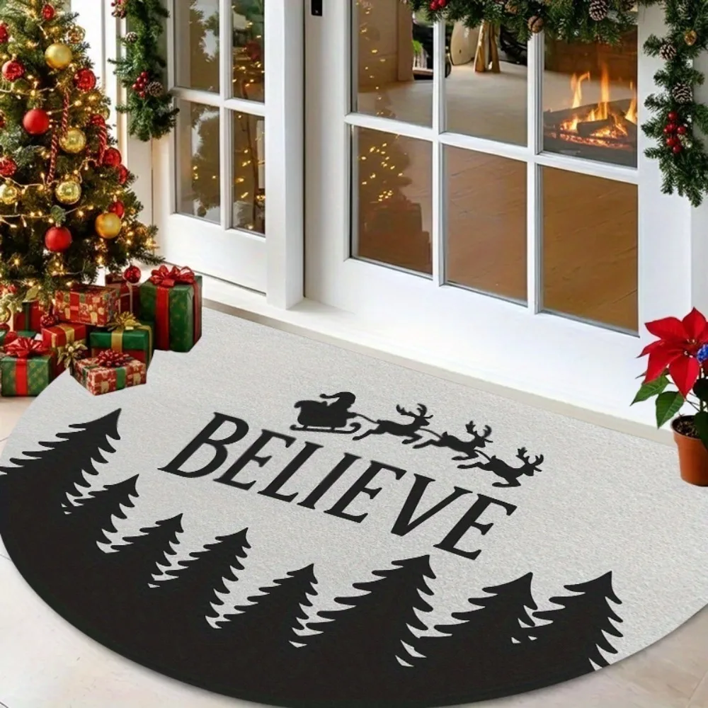 Christmas Doormat Semicircle Believe Letter NonSlip Felt Rug Reindeer Silhouette Entrance FloorMat Outdoor Indoor Welcome Carpet