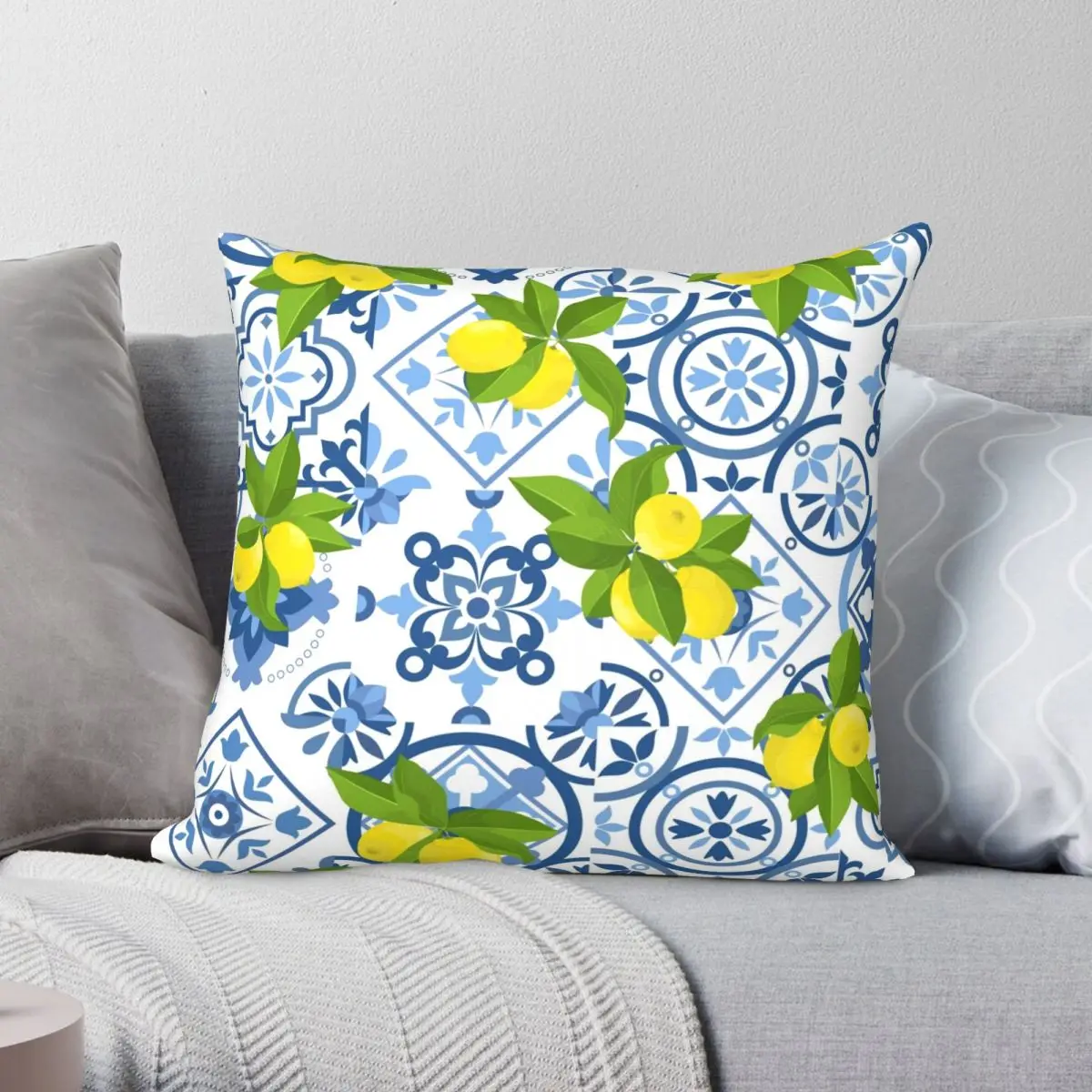 

Mediterranean Citrus Washed Blue Azulejos Pillowcase Polyester Linen Velvet Zip Decor Throw Pillow Case Home Cushion Cover 45x45