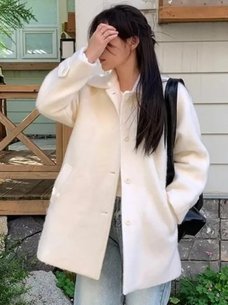 

Ele Thiened шерстяное пальто шикарное милое элитное ощущение с отложным воротником женская верхняя одежда корейский слей свободного покроя длинный све