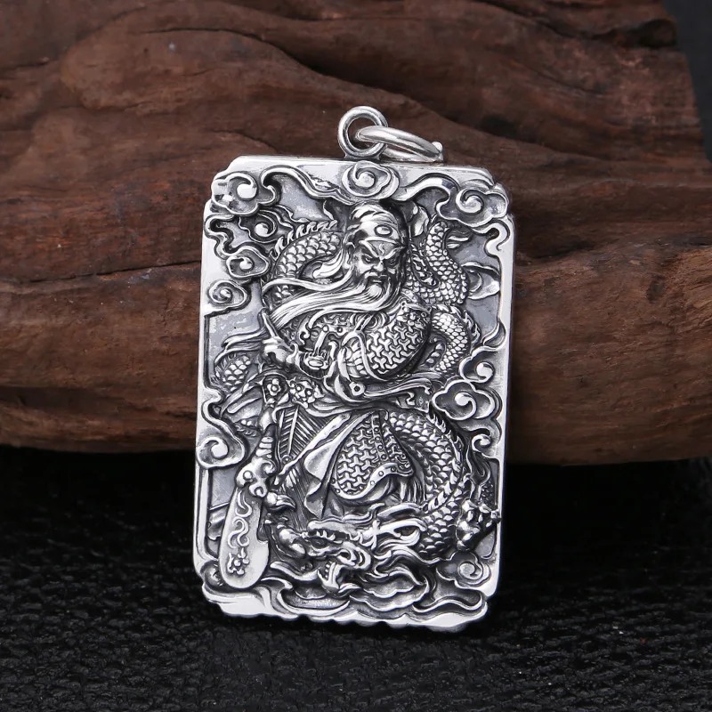S999 Sterling Silver Guan Yu Pendant Black Color Old Process Dragon Relief Design Unisex Six Words Fine Jewelry FYNE352