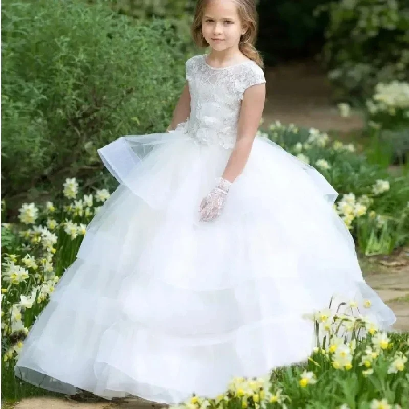 Lovely White Flower Girl Dress Lace V Back Tiered Baby Girl Birthday Party First Communion Holiday Wedding Dress