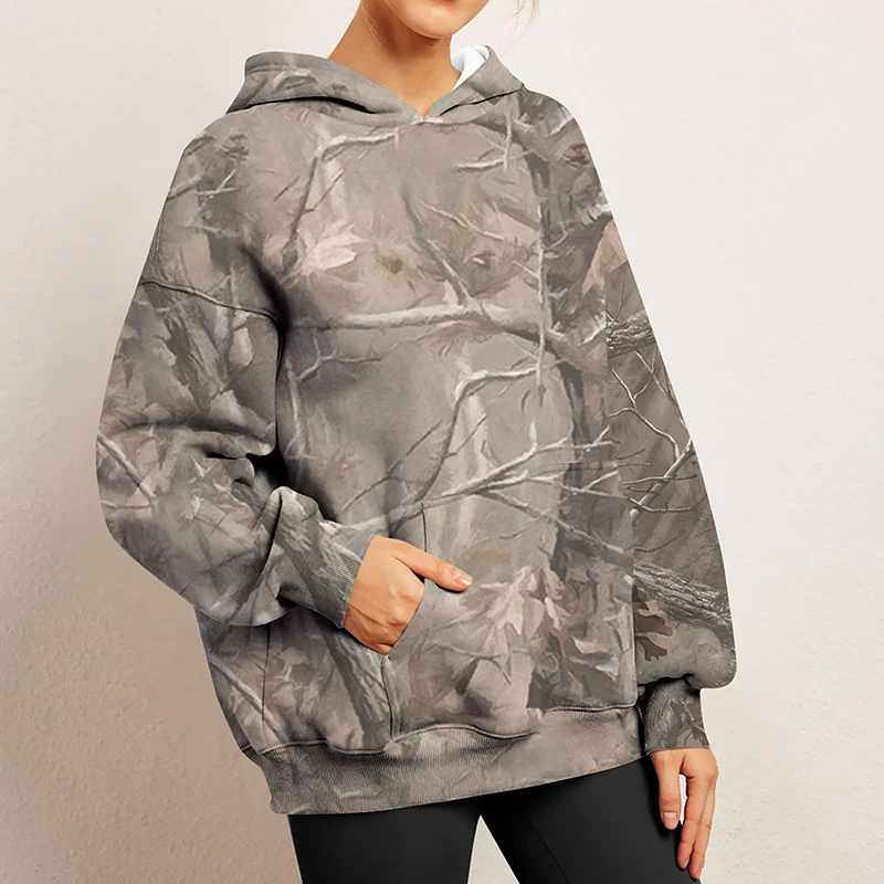 Women's Camo Hoodie Maple Leaf Print Oversized Sweatshirt Fleece Hooded Sweatshirt Casual Pullover With Pockets