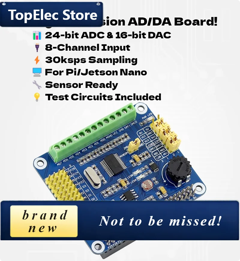 TopElec Raspberry Pi High Precision AD/DA Expansion Board - 24-bit ADC & 16-bit DAC with 8-Channel Input for Analog Sensors, Com