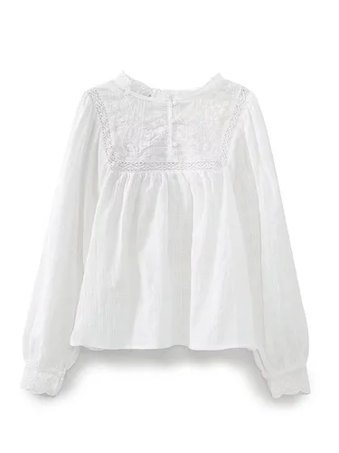 Imagen 2 del producto Willshela, blusa calada blanca bordada a la moda para mujer, camisas Vintage de manga larga con cuello redondo para mujer, camisas elegantes para mujer
