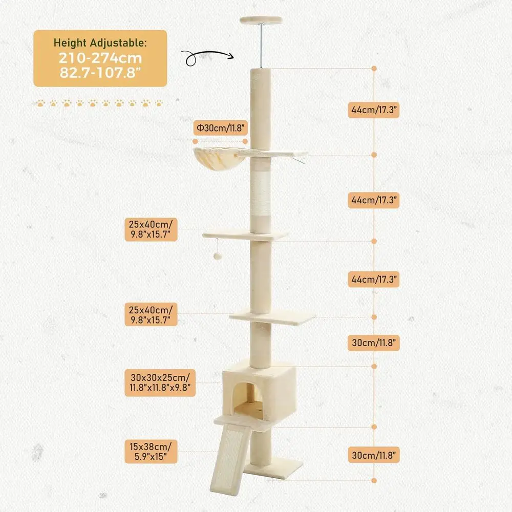 PETEPELA loor to Ceiling Cat Tree, Cat Tower 5 Tiers Tall (83-108 Inches) Adjustable Height, Cat ClimTree eaturing with Condo, S
