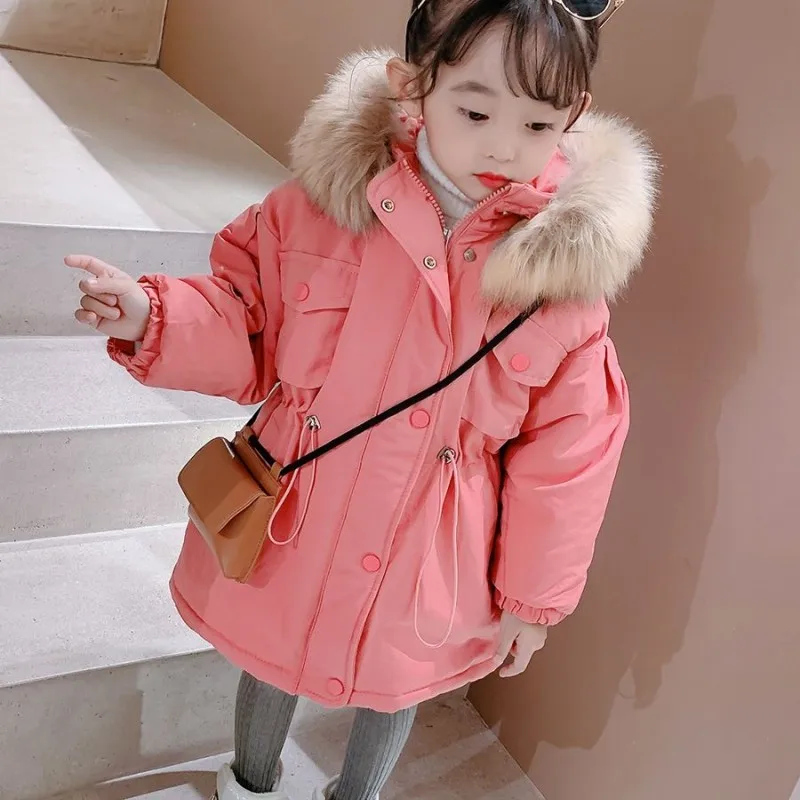 

Winter Warm Kids 2-8 Years Girls Coat Plus Velvet Windbreaker Jacket For Fashion Fur Collar Hooded Children's Outerwear Clothin