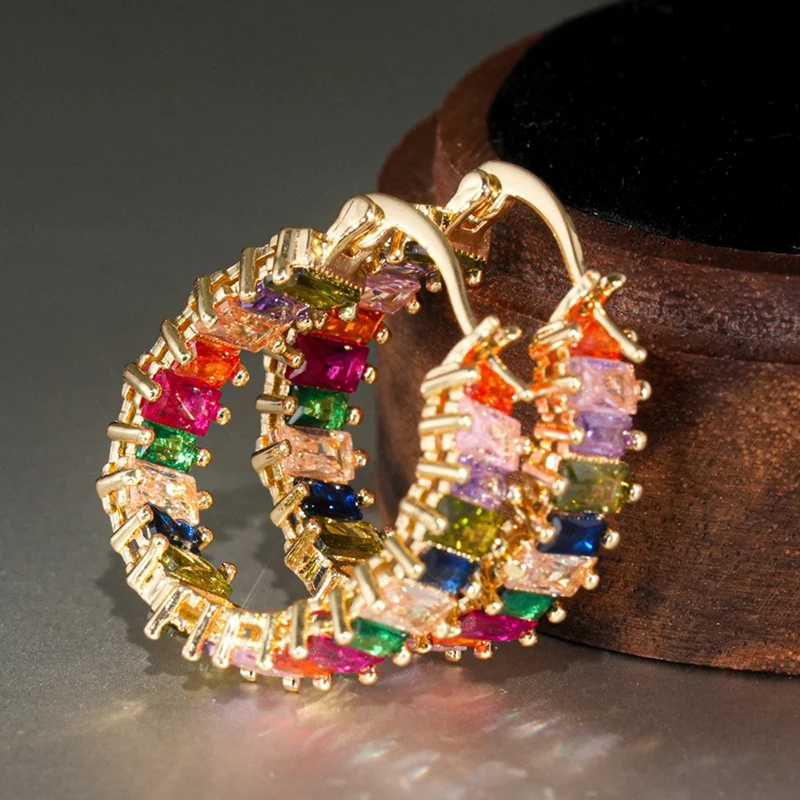Huitan Luxury Trendy Rectangular Colorful CZ Promise Hoop Earrings for Women Wedding Party Rainbow CZ Circle Earrings Jewelry