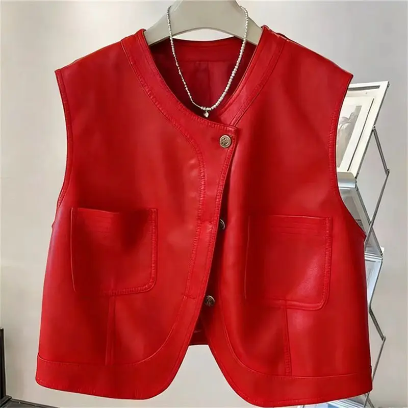 Brown PU leather sleeveless vest women's 2026 spring autumn new models, thin and versatile, fashionable and trendy foreign coat