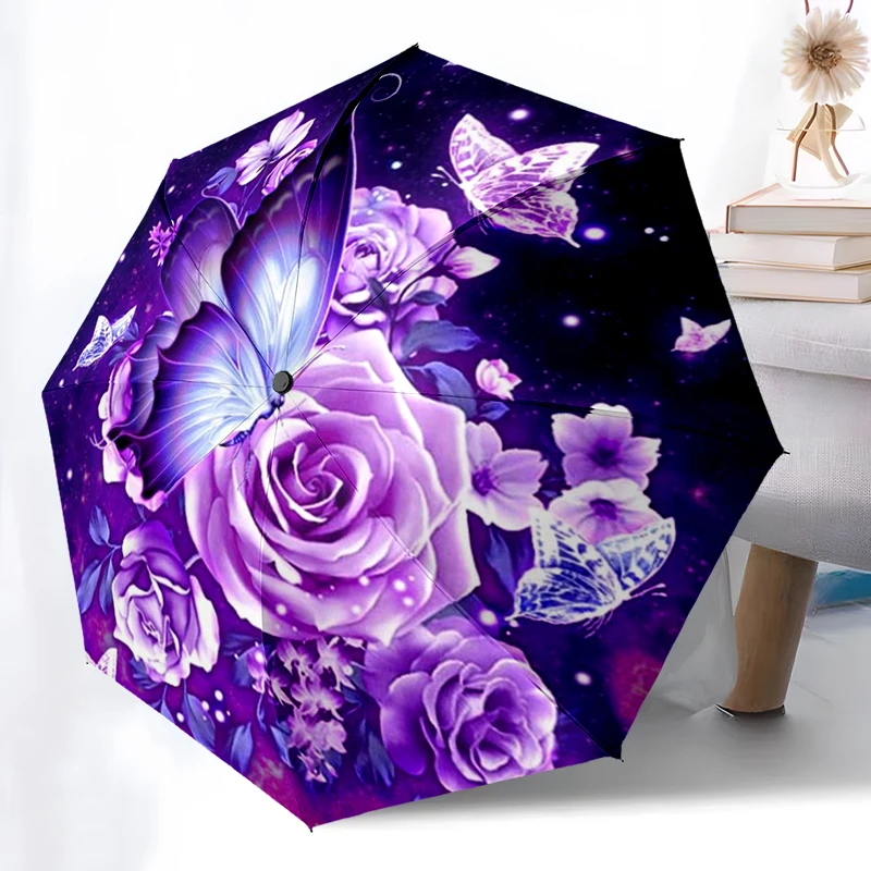 Purple Butterfly Umbrella Automatic Open/close, Sturdy Iron Frame & 8-Rib Structure, Umbrella for Women & Men, Christmas Gifts