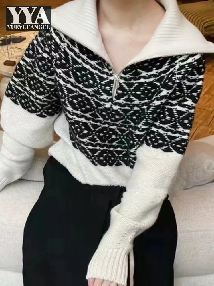 

Vintage Woolen Knitted Top Women Autumn Winter Casual Pullover Short Sweater Zipper Lapel Long Sleeve Loose Fit Female Knitwear
