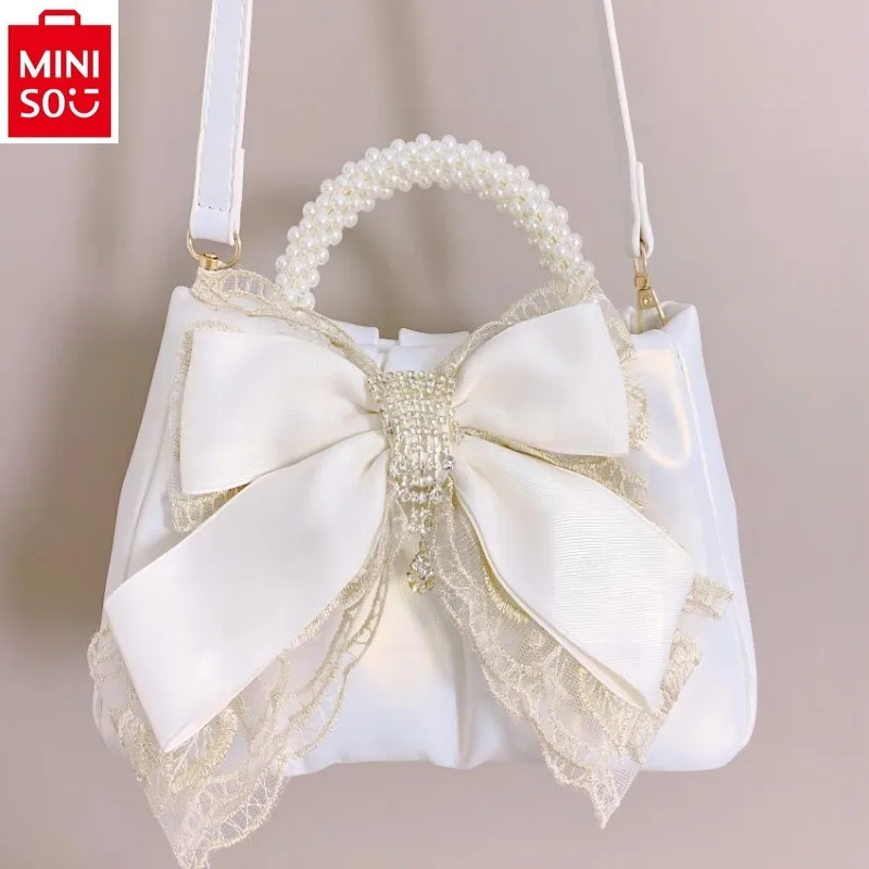 MINISO Disney Cartoon Anime Escape Princess Pearl White Bow Versatile Sweet Fashion Women's One Shoulder Crossbody Bag