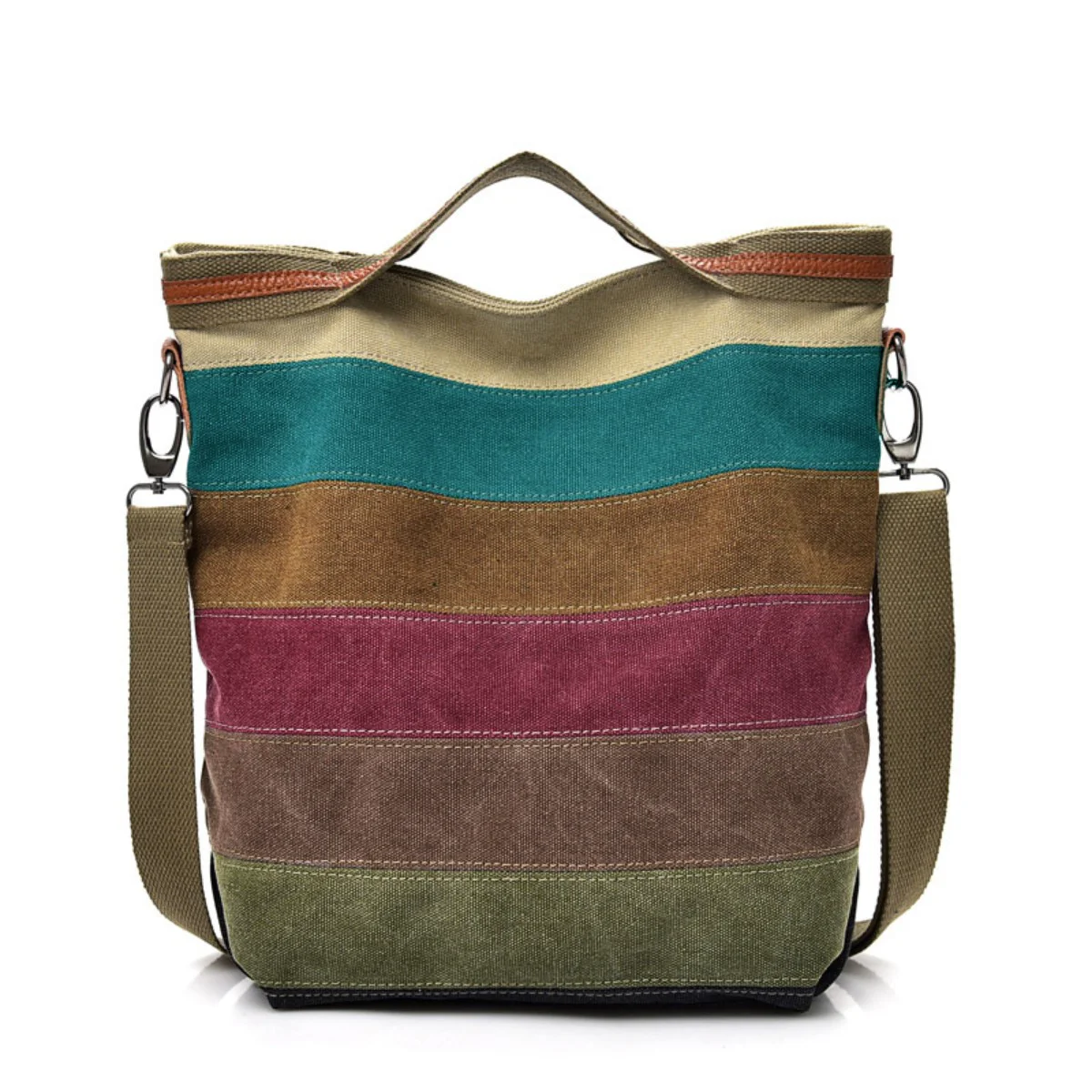 Women's Patchwork Handbag Versatile Contrast Color Striped Canvas Shoulder Crossbody Bag