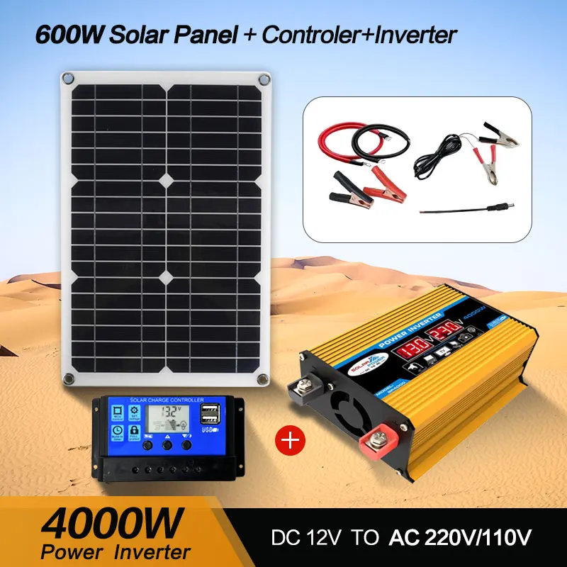 12V to 110V/220V Solar Panel System 12V Solar Panel Battery Charge Controller 4000W Solar Inverter Kit Complete Power Generation