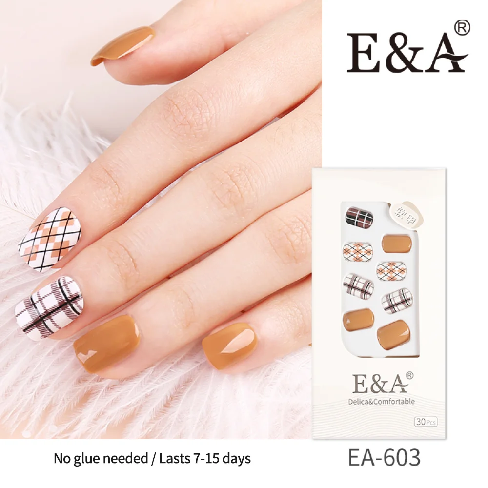 

E&A Hapalonychia Press-On Eco-Friendly Short Length Comfortable Fitting Square Design ABS Finger Nails Full Cover Glue 30PCS